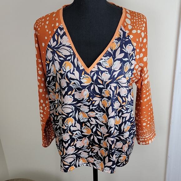 MAPA Istanbul Womens Floral V Neck Blouse size M Orange Long Sleeve - Picture 3 of 7